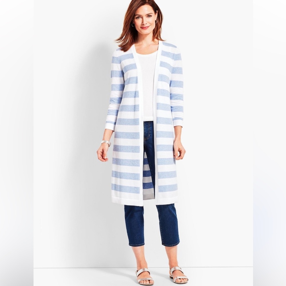 Talbots Blue White Coastal Striped 3/4 Sleeves Cotton Duster Cardigan Sweater 2X